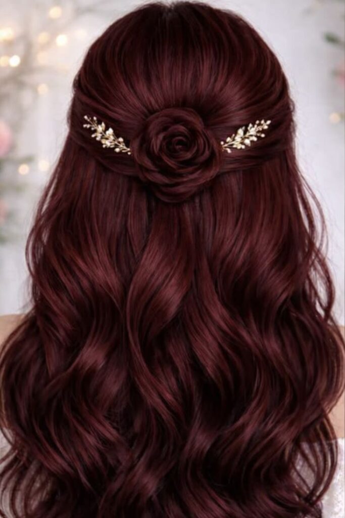 Waterfall-Braid-with-Burgundy-Flowers-